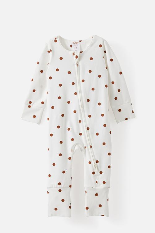 The Long Sleeve Zip Romper - Vanilla/Polka Dot