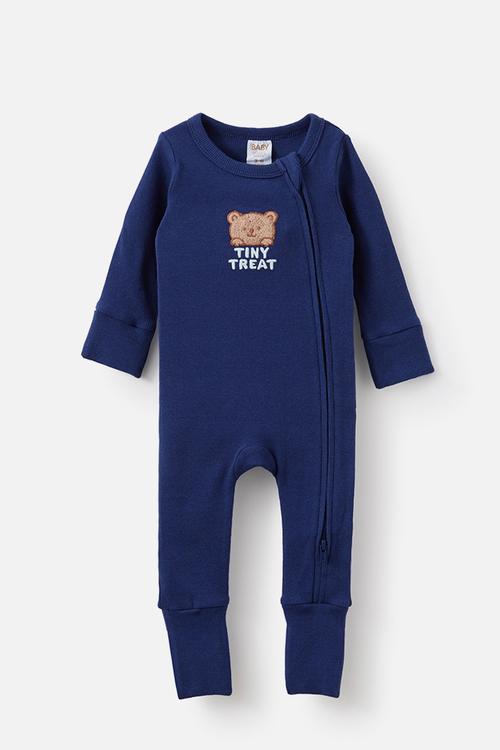 The Long Sleeve Zip Romper - Denim Navy/Tiny Treat