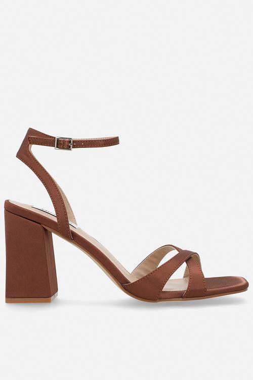 Eshma open toe block heel ankle strap - mocha satin