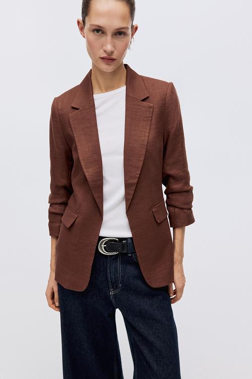 Gathered-sleeve blazer - rust red
