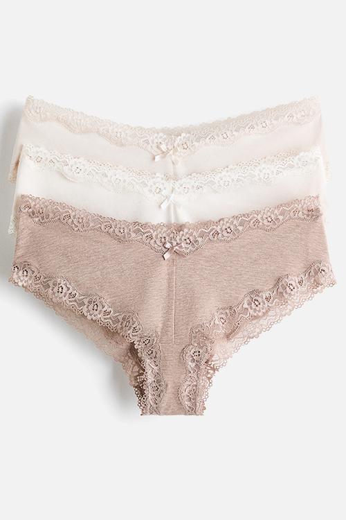 3-Pack cotton and lace hipster briefs - beige marl/powder pink