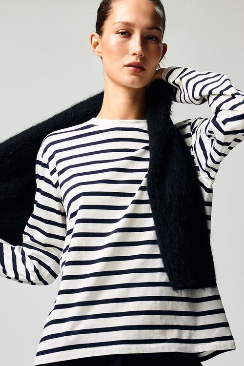 Long-sleeved cotton top - white/navy blue striped