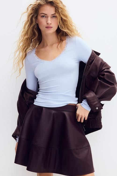Lace-trimmed jersey top - light blue