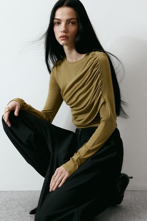 Draped viscose top - golden olive