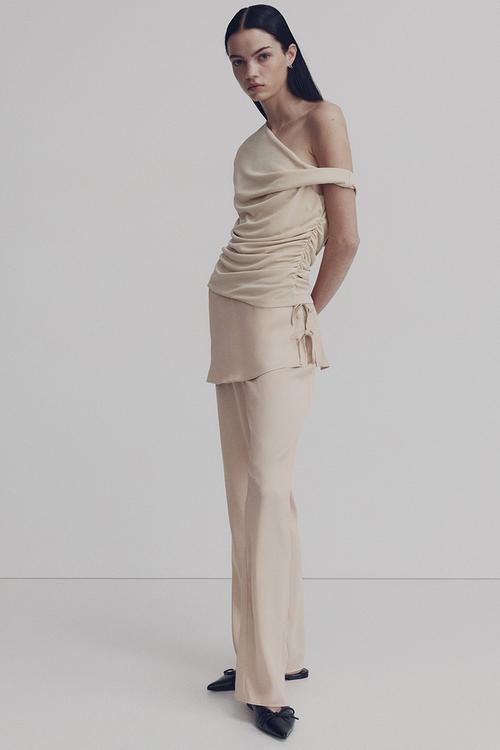 Skirt-layered satin trousers - light beige