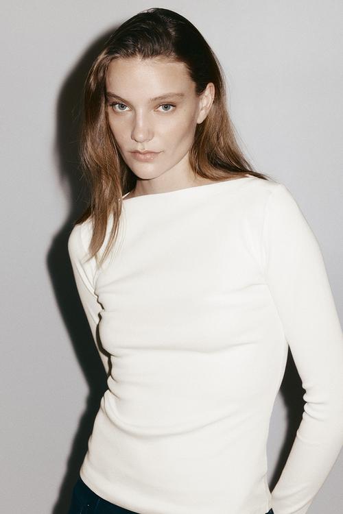 Ribbed boat-neck top - white