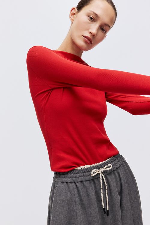 Ribbed boat-neck top - red