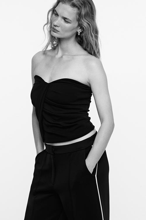 Draped interlock bandeau top - black