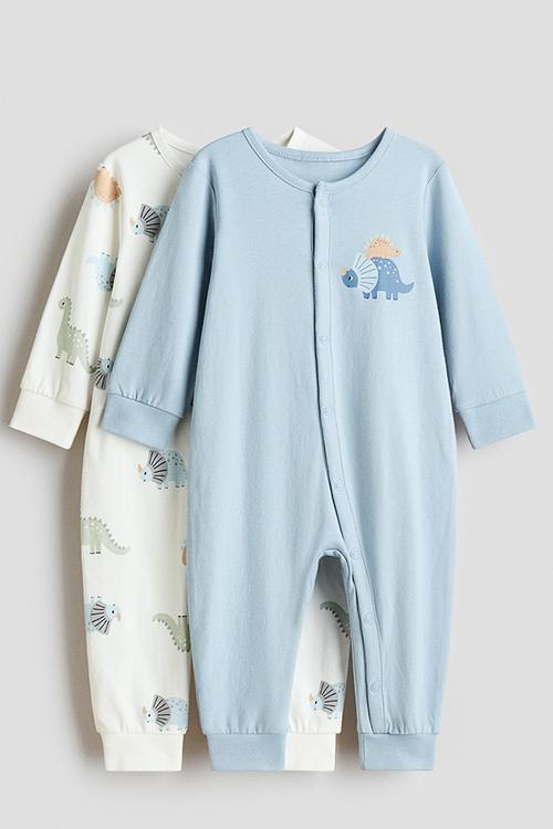 2-Pack cotton sleepsuits - light blue/dinosaurs