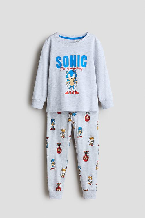 Printed cotton jersey pyjamas - grey/sonic the hedgehog