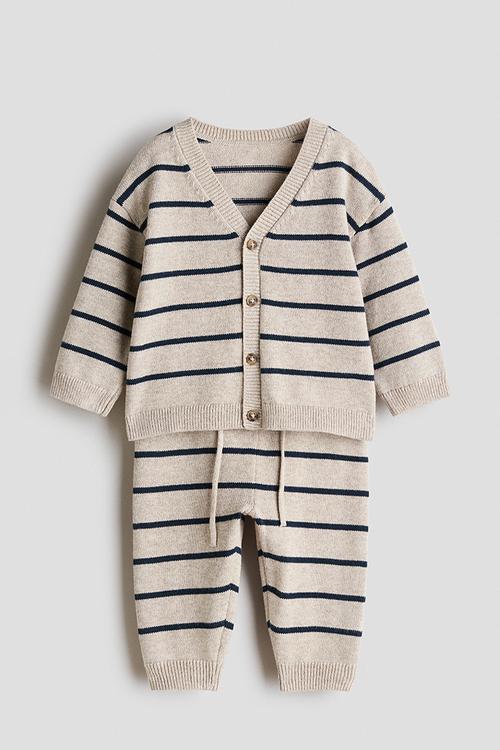 2-Piece fine-knit cotton set - beige/blue striped