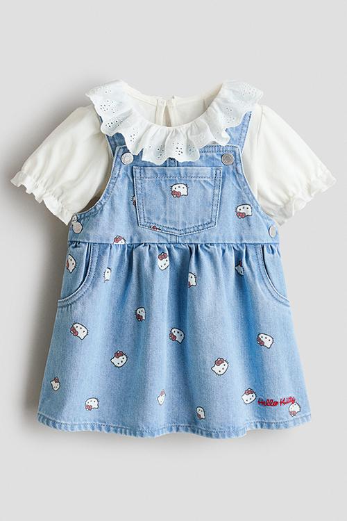 2-Piece dungaree dress and top set - light denim blue/hello kitty