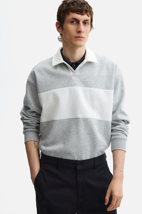 Loose fit rugby sweatshirt - light grey marl/colour block