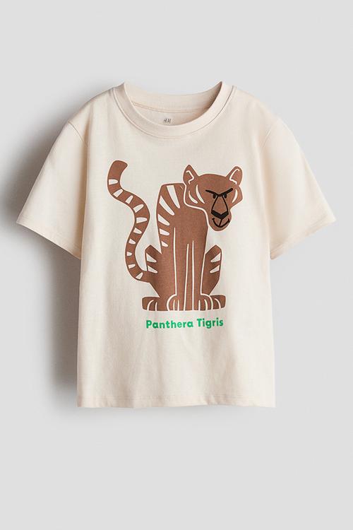 Printed cotton T-shirt - light beige/tiger