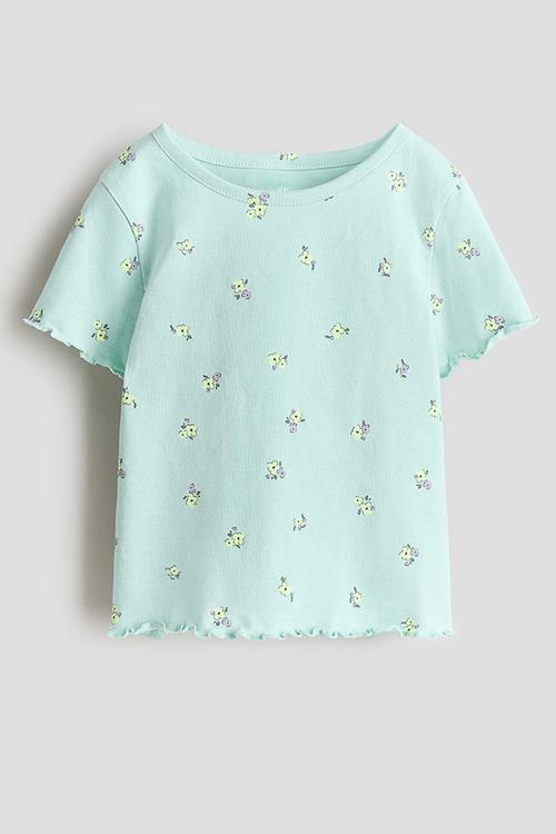 Overlock-detail cotton top - mint green/floral