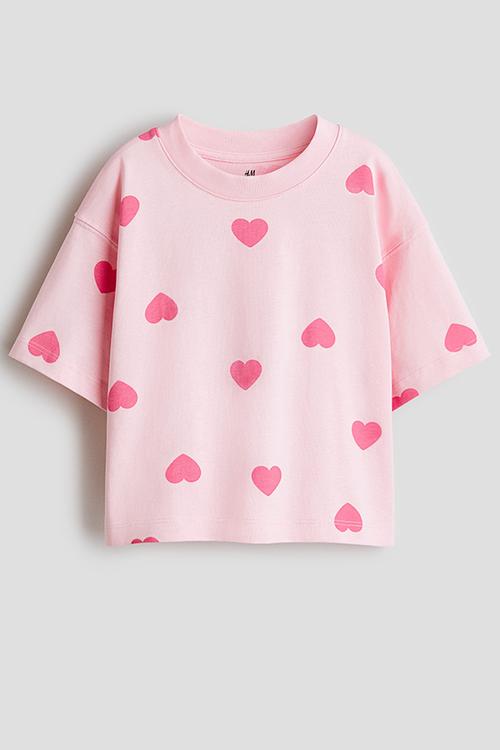 Boxy cotton t-shirt - light pink/hearts