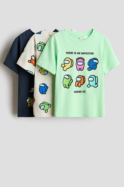3-pack printed t-shirts - light green/among us