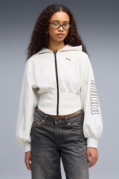 Street Glam Bedazzled Fz Balloon Sleeve Hoodie Fl - White Glow Heather