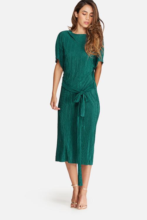 Plissé midi dress with tie belt