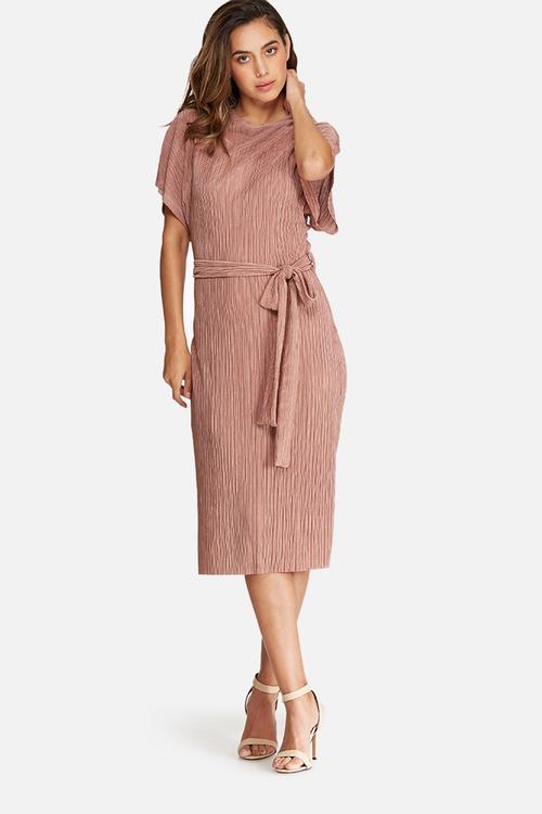 Plissé midi dress with tie belt