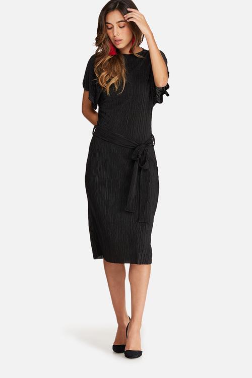 Plissé midi dress with tie belt