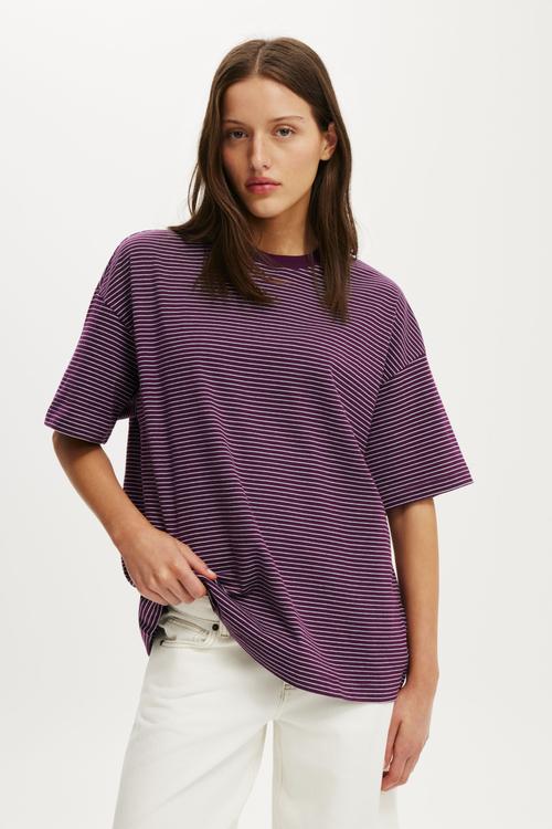 The Boxy Sleeve Tee - Lisa Stripe Iced Marine/Blackberry Belle
