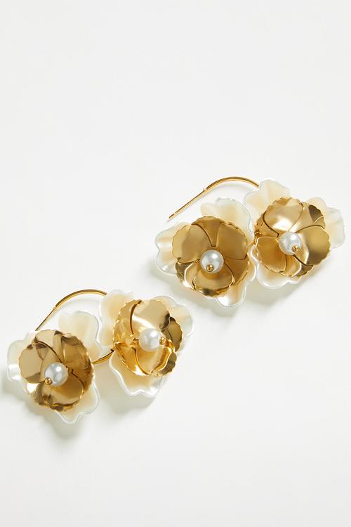 Rory Pearl Floral Hoop Earrings-Gold