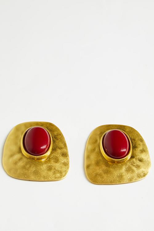 Luca Abstract Hammered Metal Earrings With Gemstone-Gold/Red