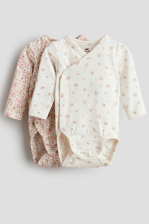 2-Pack cotton wrapover bodysuits - white/floral