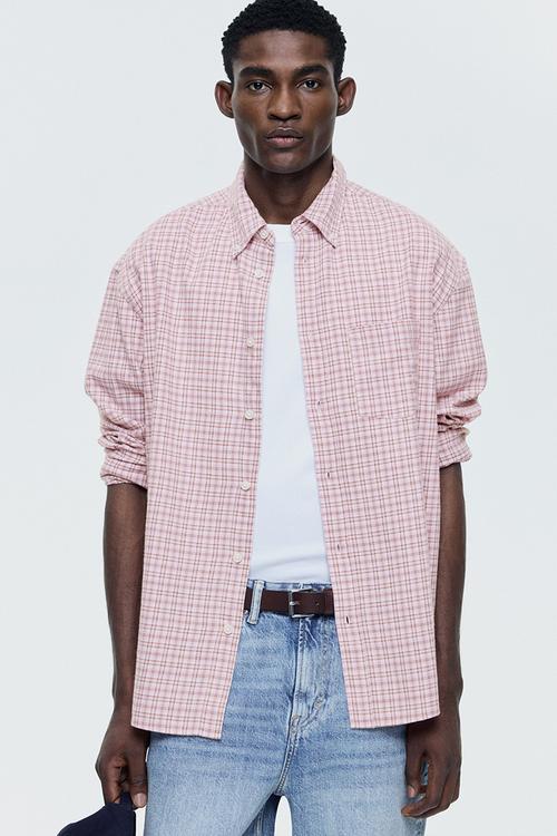 Relaxed fit cotton shirt - pink/checked