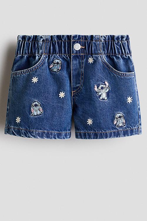 Motif-detail denim shorts - denim blue/lilo & stitch