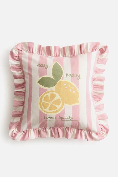 Frill-trimmed cotton cushion cover - light pink/lemon squeezy