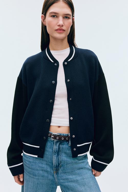 Knitted baseball jacket - navy blue