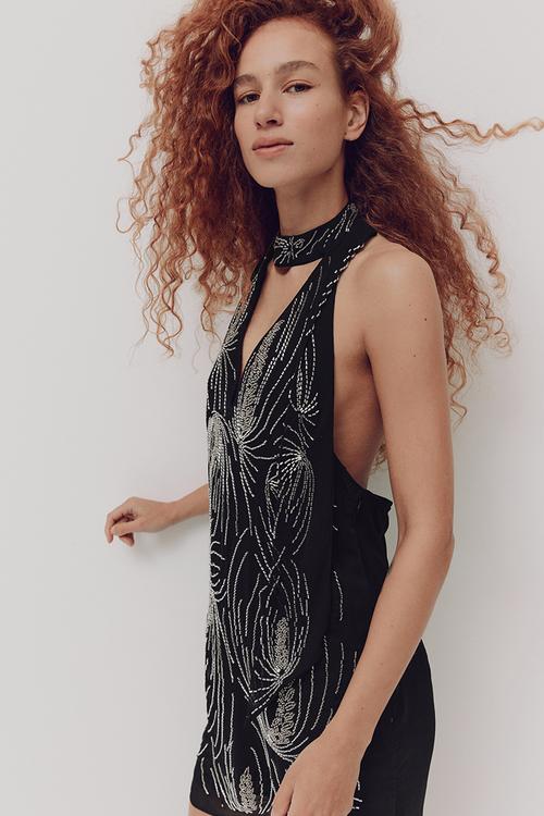 Embellished halterneck dress - black