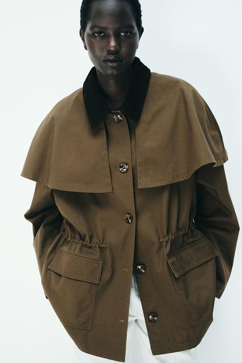 Cape-detail twill jacket - brown