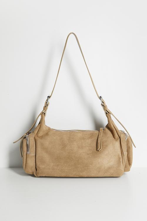 Florence Suede Shoulder Bag With Silver Hardware-Tan