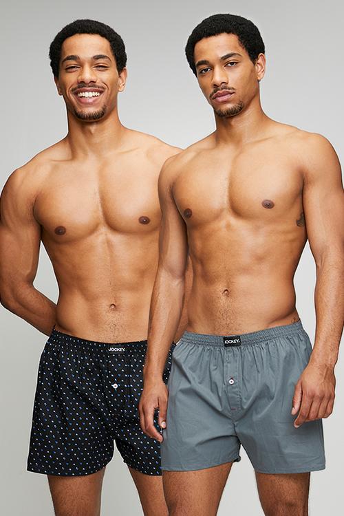 2 Pack Jockey Mens Woven Boxer Printed/Plain - Basalt/Triangle Optics