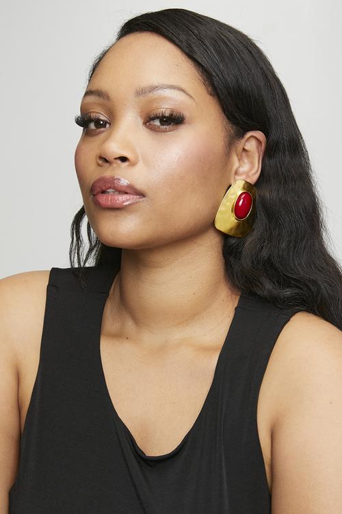 Luca Abstract Hammered Metal Earrings With Gemstone-Gold/Red