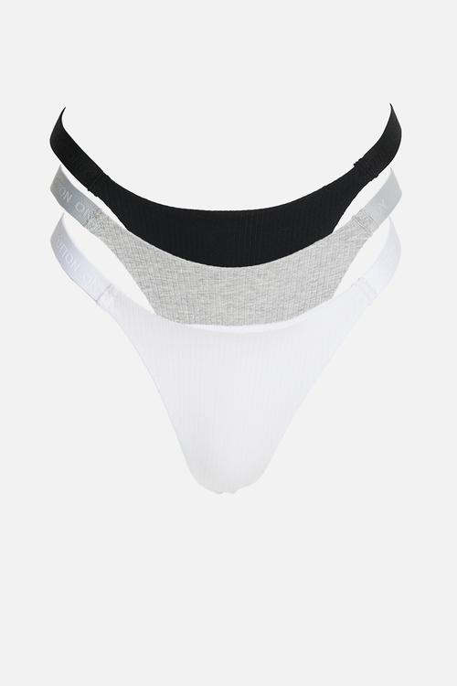 Branded dip front cotton tanga g string 3 pack - black/white/grey marle