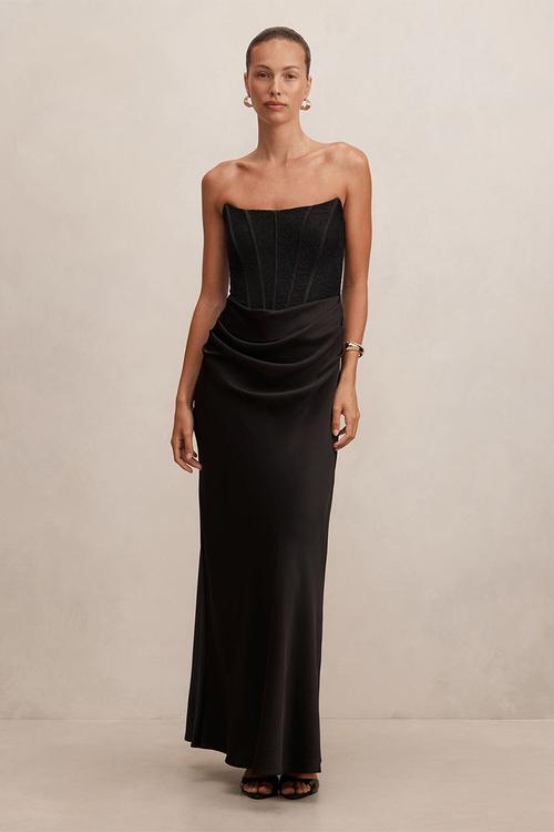 Ivy Lace Corset Drape Maxi Dress in Black