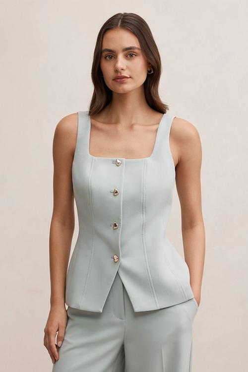 Lee square neck waistcoat in hazy aqua suit
