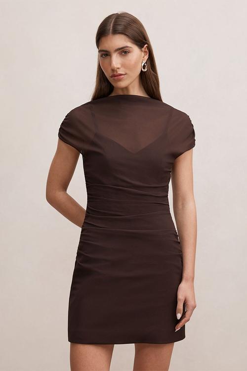 Vivianna mesh overlay mini dress in chocolate