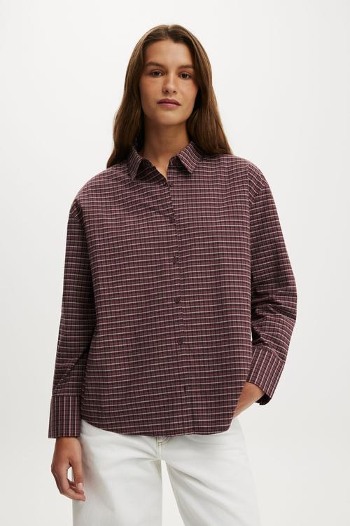 Sloane Oversized Shirt - Micro Check Cocoa/ Deep Pomergranate