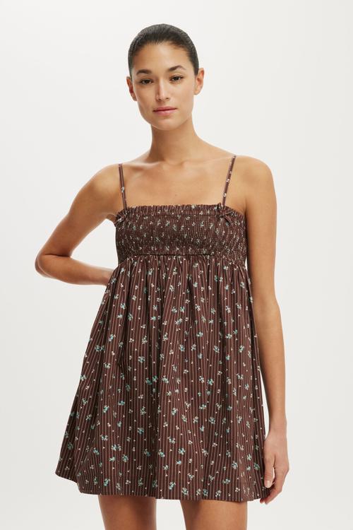 Eliza Babydoll Dress - Indy Pinstripe Ditsy Dark Oak