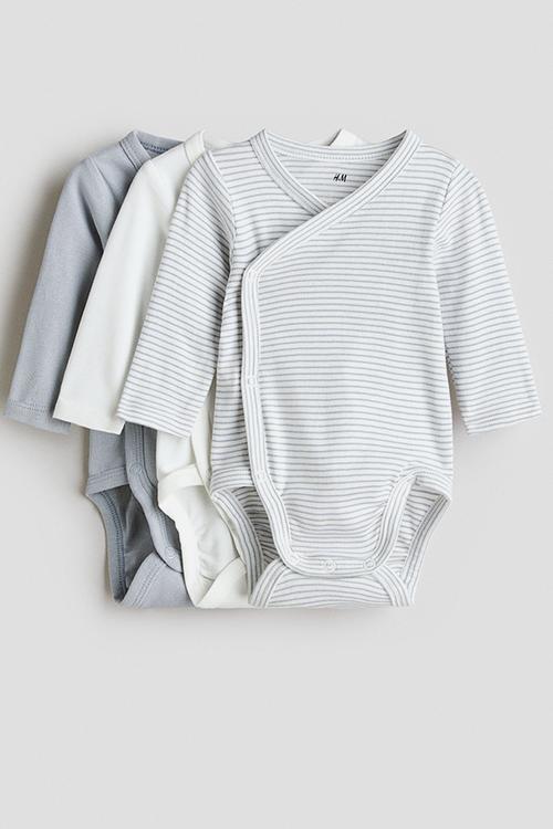 3-Pack wrapover bodysuits - light dusty blue/striped