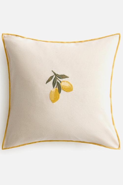 Embroidery-motif cotton cushion cover - light beige/lemons