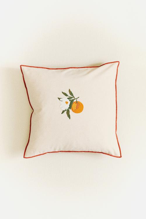 Embroidery-motif cotton cushion cover - light beige/orange