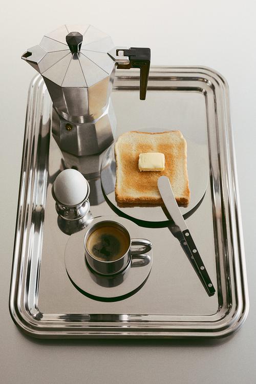 Stainless steel espresso cup and saucer - silver-coloured