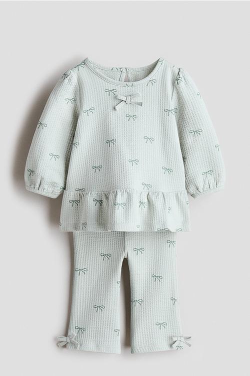 2-Piece waffled cotton set - light turquoise/bows