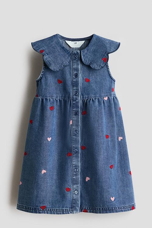 Embroidery-detail denim dress - denim blue/hearts